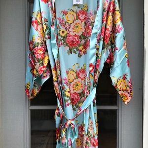 Baby blue floral satin robe